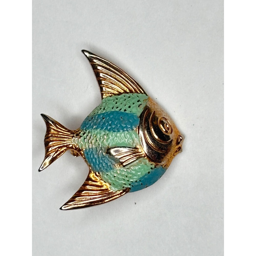 1960s Enamel Fish Brooch Pin Blue Green Patented Design Gold Tone Nautical